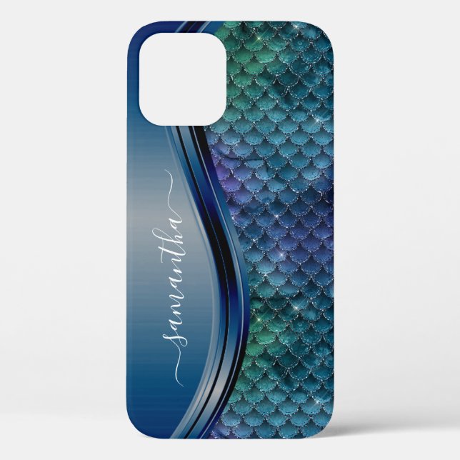 Funda De Case-Mate Para iPhone Monograma Escala de Sirena Marina Púrpura Azul (Reverso )