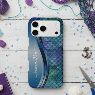 Funda Para iPhone 12 Monograma Escala de Sirena Marina Púrpura Azul