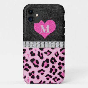 Funda Para iPhone 11 Monograma, estampado leopardo rosado, caso del