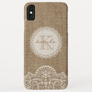 Funda Para iPhone XS Max Monograma estilo rústico Burlap Marfil Lace