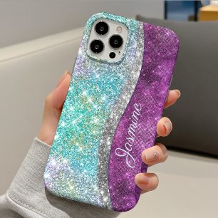 Funda Para iPhone 13 Monograma falso brillante iridiscente púrpura turq