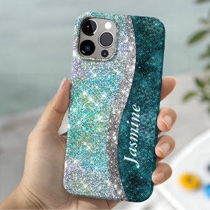 Funda Para iPhone 15 Monograma falso brillante iridiscente turquesa lin