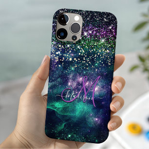 Funda Para iPhone 11 Pro Monograma falso brillo verde morado oscuro lindo