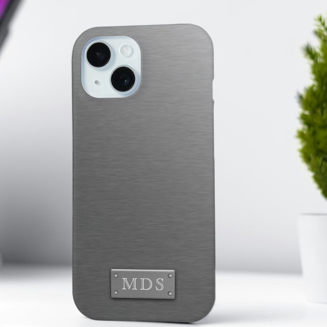Funda De Case-Mate Para iPhone Monograma falso plateado Titanio Gris cepillado Me (Just add your initials)
