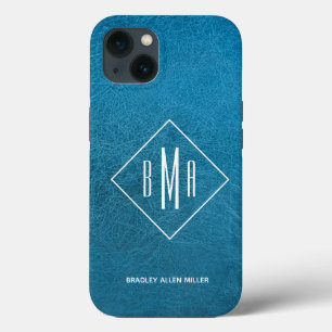 Funda Para iPhone 13 Monograma Faux Blue Leather