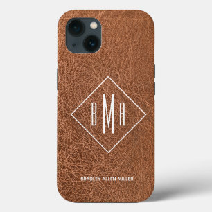 Funda Para iPhone 13 Monograma Faux Brown Leather