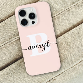 Funda Para iPhone 15 Pro Monograma Femenina Rosa Beige Script Nombre Monogr