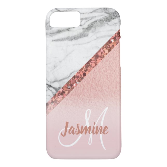 Funda De Case-Mate Para iPhone Monograma femenino de mármol gris del purpurina (Reverso)