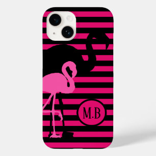 Funda Para iPhone 14 De Case-Mate Monograma Flamingo Black and Pink Stripes de Guay