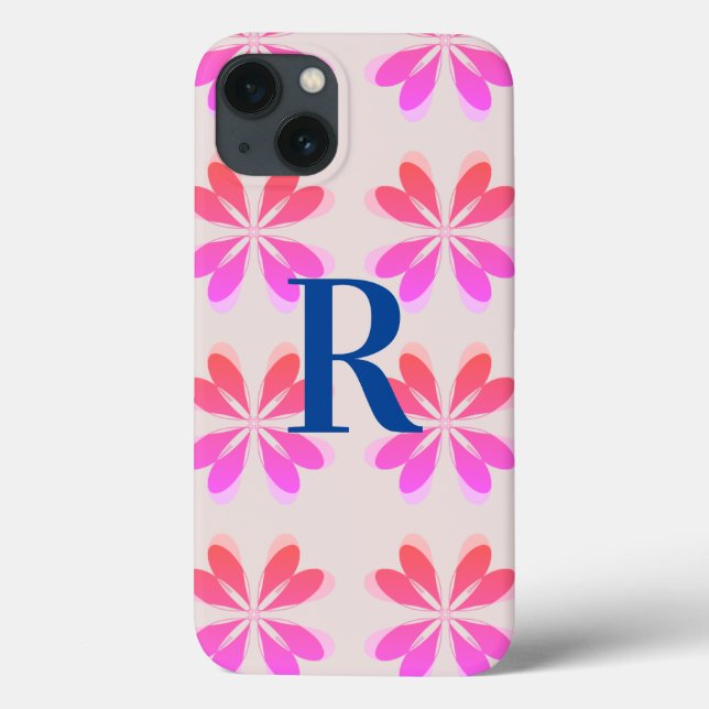 Funda De Case-Mate Para iPhone Monograma Flor retro azul rosado caliente (Reverso)