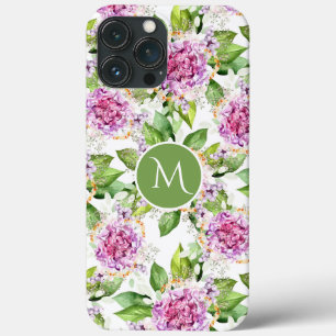 Funda Para iPhone 13 Pro Max Monograma Floral Acuarela Precioso Verde Morado