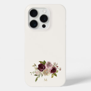 Funda Para iPhone 15 Pro Monograma Floral Acuarela Rosa Burdeos Moderno