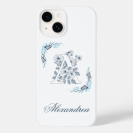 Funda Para iPhone 14 De Case-Mate Monograma floral azul inicial "A" tranquilo