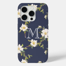 Funda Para iPhone 15 Pro Monograma Floral Blanco Azul Marino