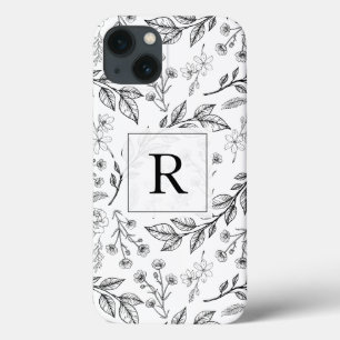Funda Para iPhone 13 Monograma floral Blanco negro