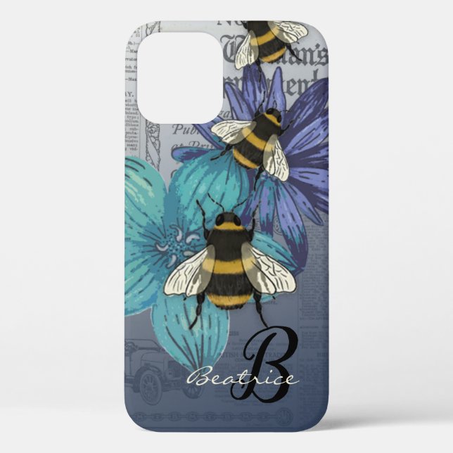 Funda De Case-Mate Para iPhone Monograma floral de abeja Bumble retro (Reverso )