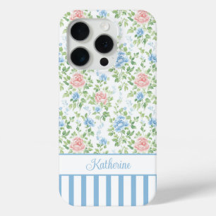 Funda Para iPhone 15 Pro Monograma floral de acuarela azul rubor