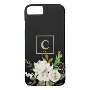 Funda Para iPhone 8/7 Monograma floral de acuarela de Moda negra moderna