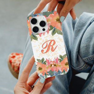 Funda Para iPhone 15 Pro Monograma floral de acuarela melocotón moderno Chi