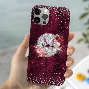 Funda Para iPhone 13 Monograma floral de Burgundy con brillo de plata c