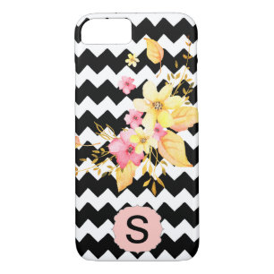 Funda Para iPhone 8/7 Monograma floral de cheurón negro y blanco