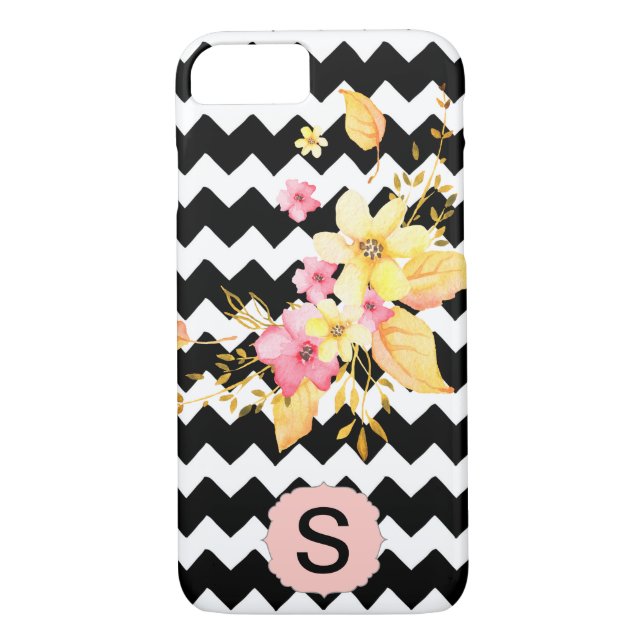 Funda De Case-Mate Para iPhone Monograma floral de cheurón negro y blanco (Reverso)