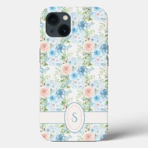 Funda Para iPhone 13 Monograma Floral de color azul rosado rosado