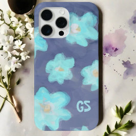 Funda Para iPhone 15 Pro Max Monograma floral de color de agua lindo flores azu