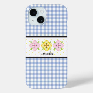 Funda Para iPhone 15 Monograma Floral de Cuadro de Gingham Azul