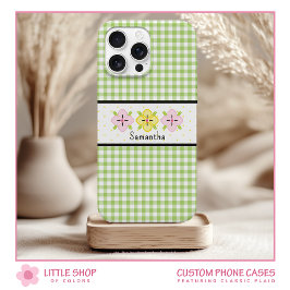 Funda Para iPhone 15 Monograma Floral de Cuadro de Gingham Verde