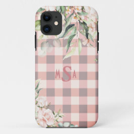 Funda Para iPhone 11 Monograma floral de Gingham de color rosa y blanco