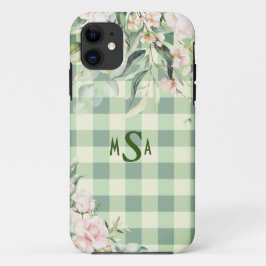 Funda Para iPhone 11 Monograma floral de Gingham Green Plaid