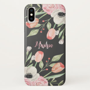 Funda Para iPhone X Monograma floral de la acuarela rosada de Rubor