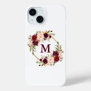 Funda Para iPhone 15 Monograma floral de la guirnalda de Borgoña de la