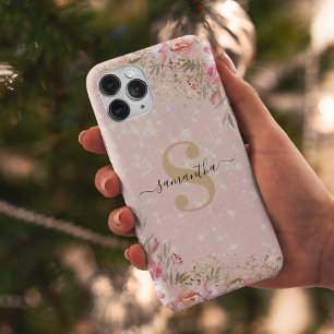 Funda Para iPhone 12 Monograma floral de oro Rosa moderno