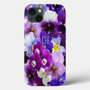 Funda Para iPhone 13 Monograma Floral de Pensamientos Morado Azul Blanc