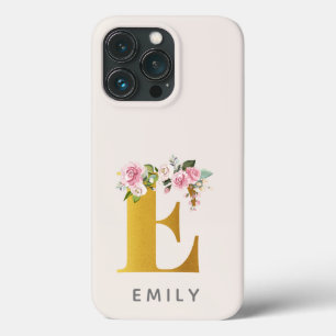 Funda Para iPhone 13 Pro Monograma floral Efecto oro Nombre personalizado