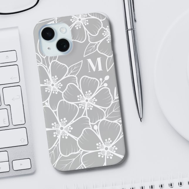 Funda De Case-Mate Para iPhone Monograma Floral Gris (Girly Chic Gray Floral Monogram Initial iPhone 15 Case)