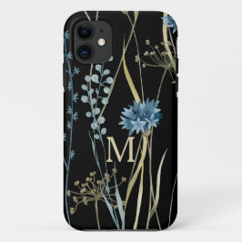 Funda Para iPhone 11 Monograma Floral Luz azul y oro en negro