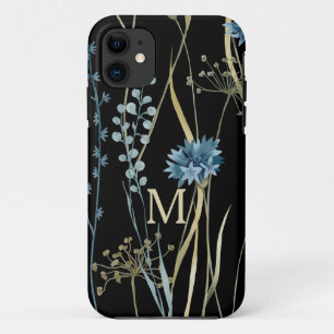 Funda Para iPhone 11 Monograma Floral Luz azul y oro en negro