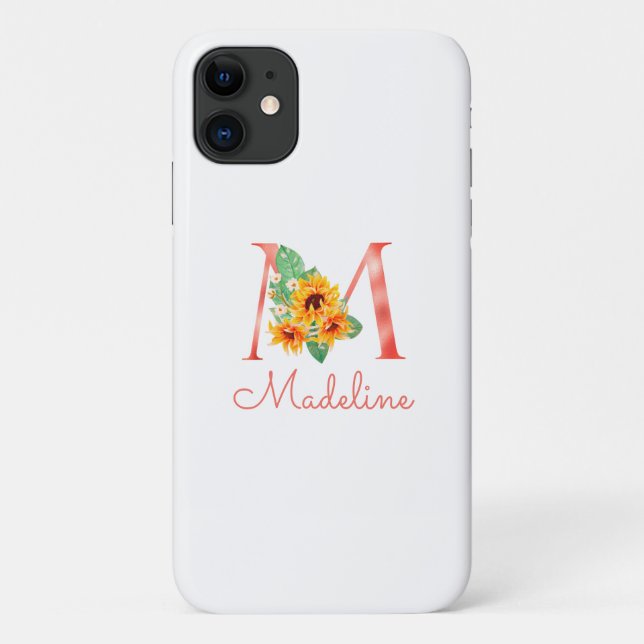 Funda De Case-Mate Para iPhone Monograma floral moderno Nombre de girasol M (Reverso)