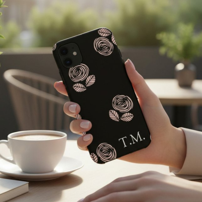 Funda De Case-Mate Para iPhone Monograma Floral negra y rosa (Subido por el creador)