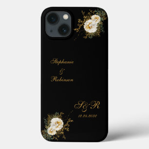 Funda Para iPhone 13 Monograma Floral Oro En Boda Negro