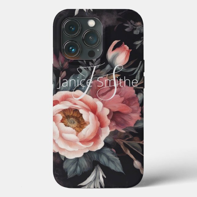 Funda De Case-Mate Para iPhone Monograma floral oscuro (Reverso )