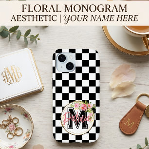 Funda Para iPhone 15 Monograma Floral Personalizada Cuadrícula Negra y 