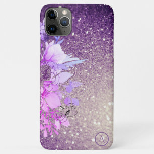 Funda Para iPhone 11 Pro Max *~* Monograma Floral Purpurina Morado Ombre