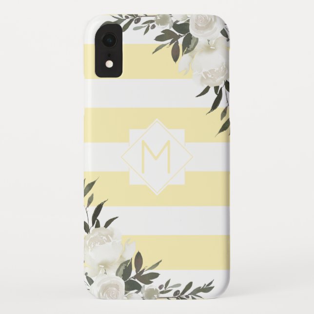 Funda De Case-Mate Para iPhone Monograma floral rayado amarillo con rosas blancas (Reverso)
