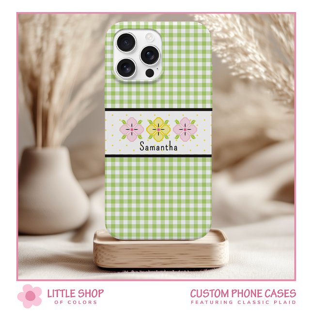 Funda De Case-Mate Para iPhone Monograma floral verde de Gingham Plaid (Subido por el creador)