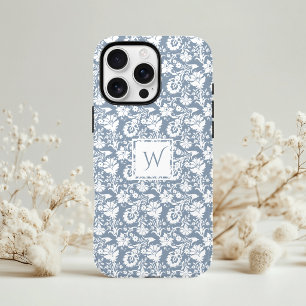 Funda Para iPhone 11 Monograma Floral Vintage en Azul Polvo y Blanco