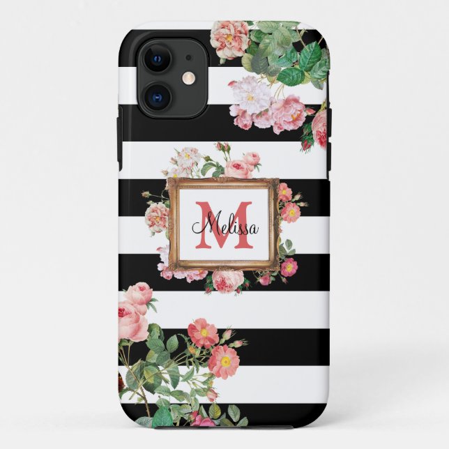 Funda De Case-Mate Para iPhone Monograma Floral y rayas antiguas de época (Reverso)